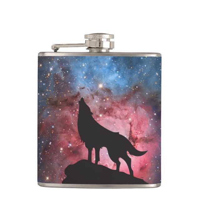 Wolf Howling in Galaxy Hip Flask (Front)