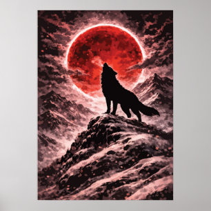 Wolf Howling In Red Moon Light - Japanese Art Poster