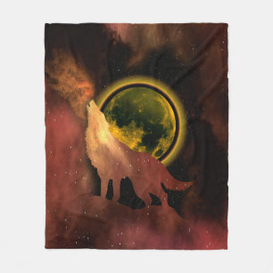 WOLF HOWLING IN SPACE MOON GALAXY   FLEECE BLANKET