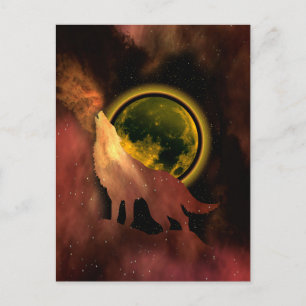 WOLF HOWLING IN SPACE MOON GALAXY POSTCARD