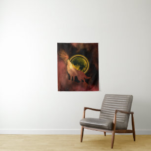 WOLF HOWLING IN SPACE MOON GALAXY TAPESTRY