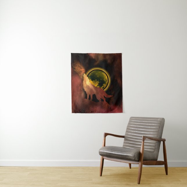 WOLF HOWLING IN SPACE MOON GALAXY   TAPESTRY (In Situ)
