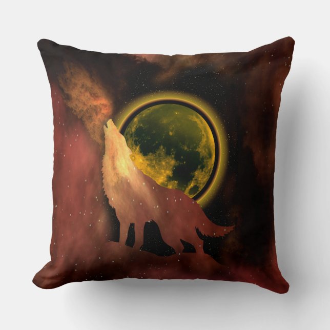 WOLF HOWLING IN SPACE MOON GALAXY   THROW PILLOW (Front)