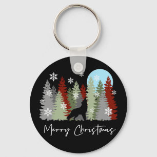 Wolf Howling In The Forest Merry Christmas Trees Keychain