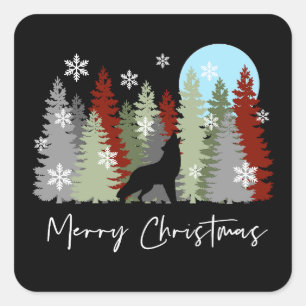 Wolf Howling In The Forest Merry Christmas Trees Square Sticker