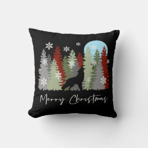 Wolf Howling In The Forest Merry Christmas Trees Throw Pillow