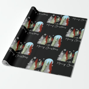 Wolf Howling In The Forest Merry Christmas Trees Wrapping Paper