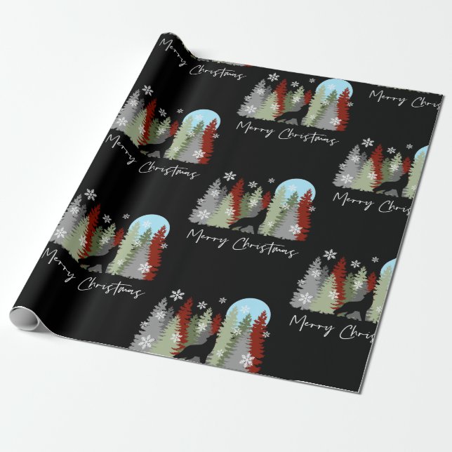 Wolf Howling In The Forest Merry Christmas Trees  Wrapping Paper (Unrolled)