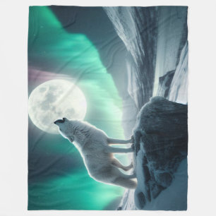 "Wolf howling into the Aurora Lights" Fleece Blanket