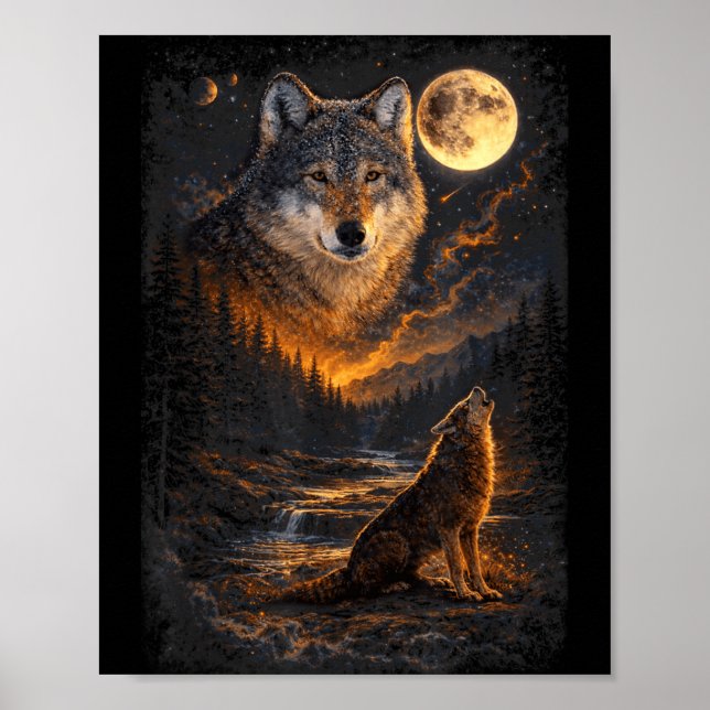 Wolf Howling Moon Forest Nature Wildlife Lovers Poster (Front)