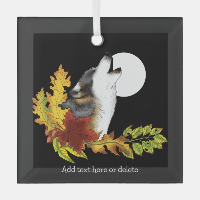 Wolf Howling Moon Glass Ornament (Front)