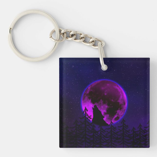 WOLF HOWLING MOON MAGENTA   KEYCHAIN (Front)