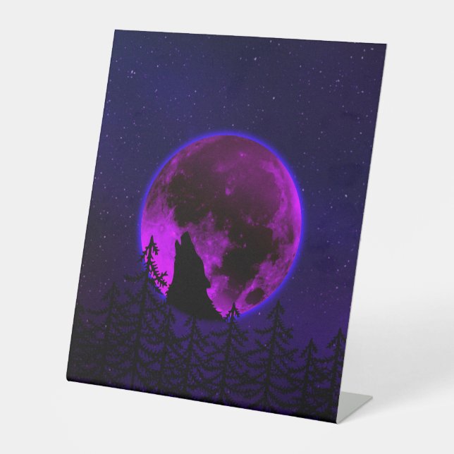 WOLF HOWLING MOON MAGENTA PEDESTAL SIGN (Front)