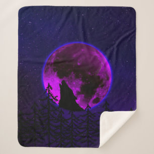 WOLF HOWLING MOON MAGENTA   SHERPA BLANKET