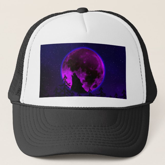 WOLF HOWLING MOON MAGENTA   TRUCKER HAT (Front)