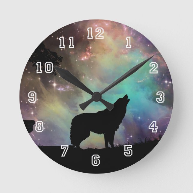 Wolf howling silhouette With Northern Lights Round Clock (Front)