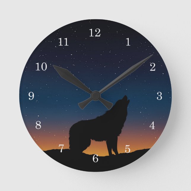 Wolf Howling Silhouette With Stars Wall Clock (Front)