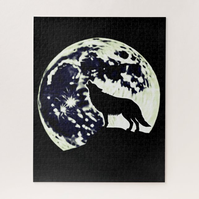 Wolf Howling Silhouetted Against a Full Moon Jigsaw Puzzle (Vertical)