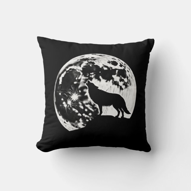 Wolf Howling Silhouetted Against a Full Moon Throw Pillow (Front)