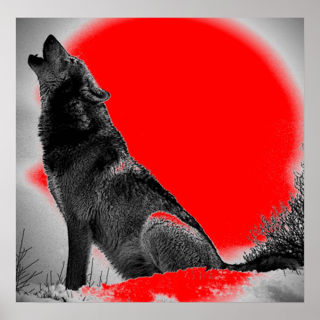 Wolf Howling sur Moon Red Pop Art Poster (Devant)