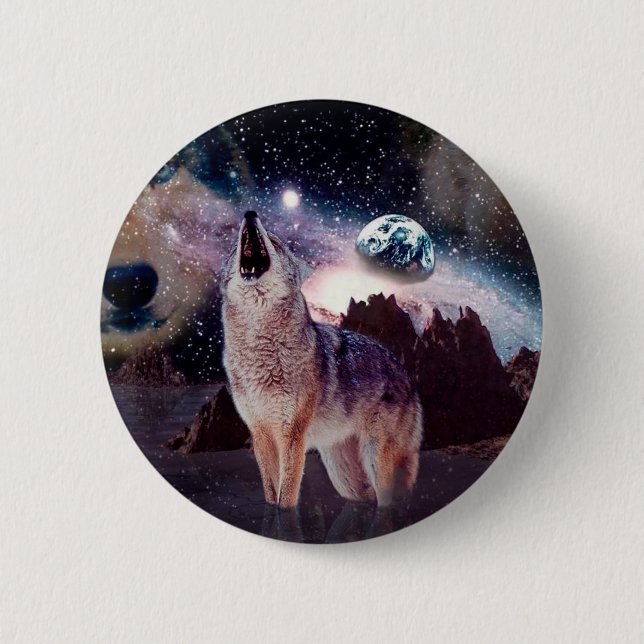 Wolf howling through the universe 2 inch round button (Front)