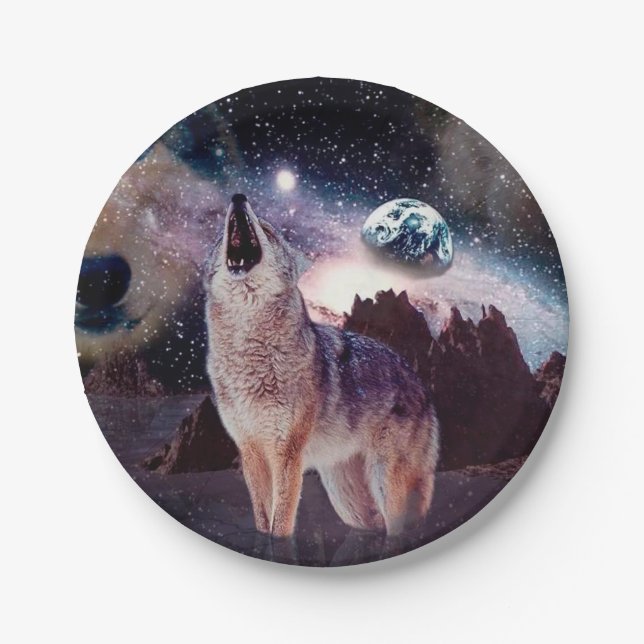 Wolf howling through the universe paper plate (Front)