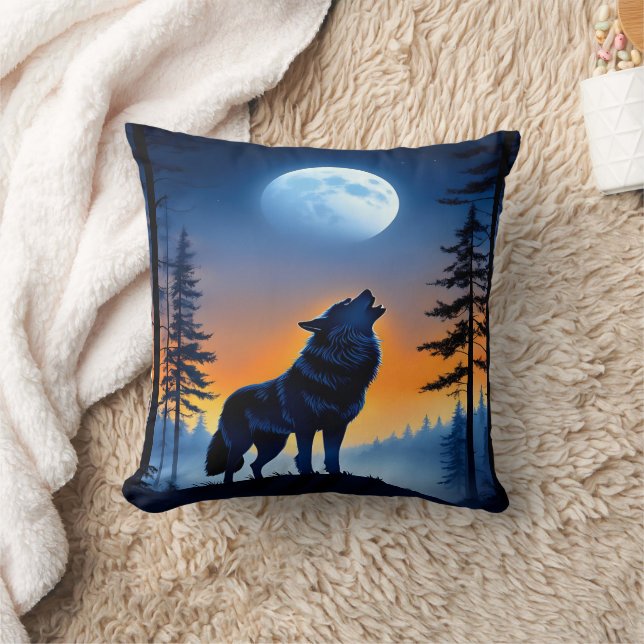 Wolf Howling Under A Dusk Sunset in Mountains Throw Pillow (Blanket)