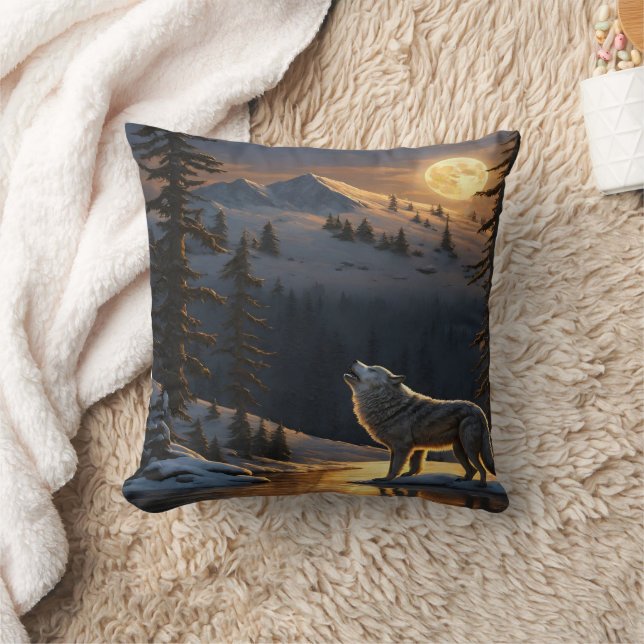 Wolf Howling Under a Full Moon in Winter Landscape Throw Pillow (Blanket)