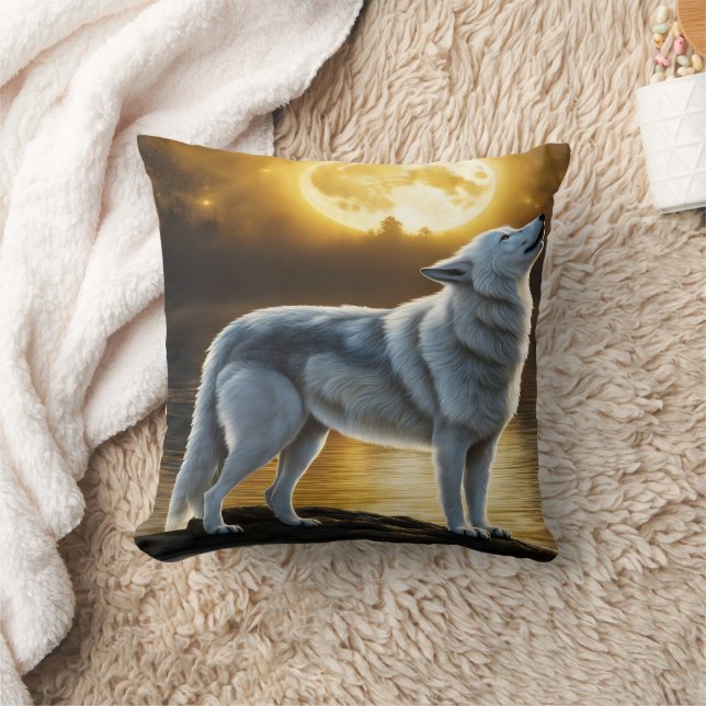 Wolf Howling Under Full Moon by Serene Lake Throw Pillow (Blanket)
