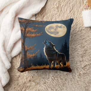 Wolf Howling Under Full Moon in Autumn Forest Throw Pillow