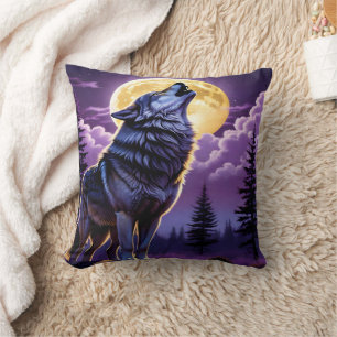 Wolf Howling Under Full Moon. Throw Pillow