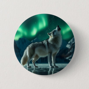 Wolf Howling Under the Northern Lights 2 Inch Round Button