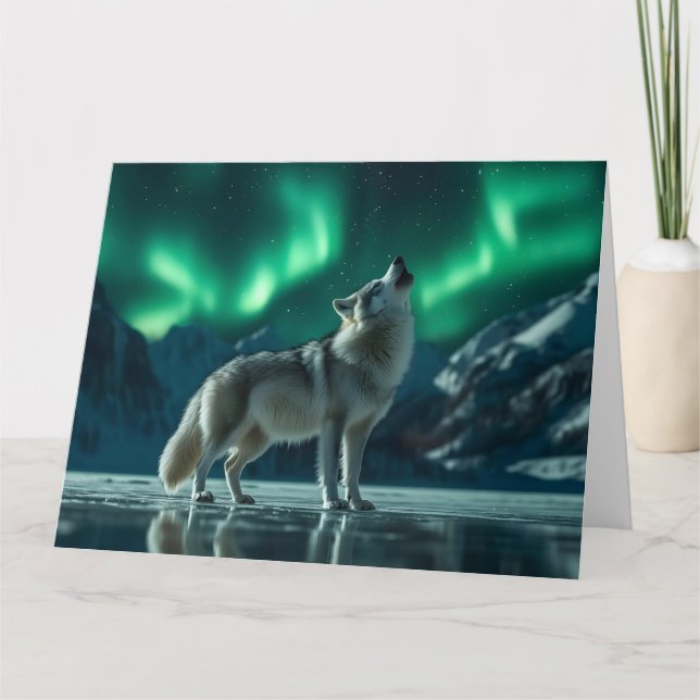 Wolf Howling Under the Northern Lights Card (Front)