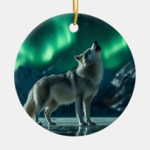 Wolf Howling Under the Northern Lights Ceramic Ornament