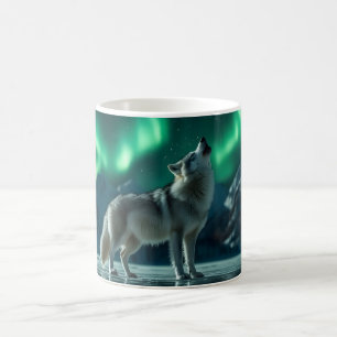 Wolf Howling Under the Northern Lights Coffee Mug
