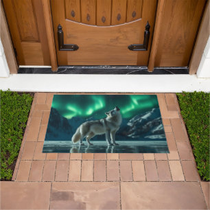 Wolf Howling Under the Northern Lights Doormat