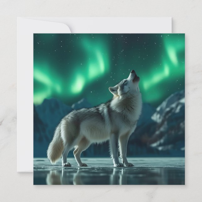 Wolf Howling Under the Northern Lights Holiday Card (Front)