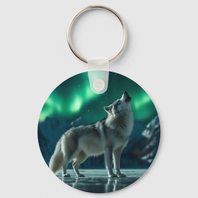 Wolf Howling Under the Northern Lights Keychain (Front)