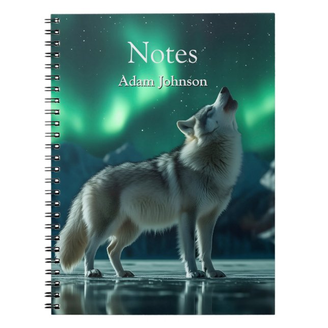 Wolf Howling Under the Northern Lights Notebook (Front)