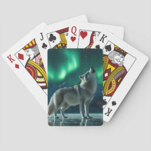 Wolf Howling Under the Northern Lights Playing Cards
