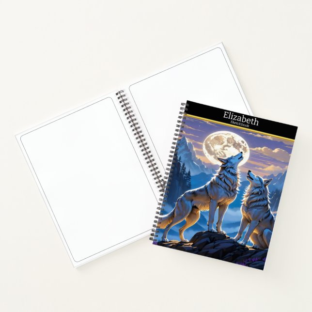 Wolf howls at full moon in nature notebook (Inside)