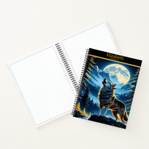 Wolf howls at the full moon in mountains notebook
