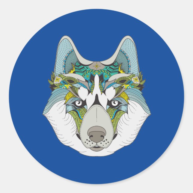 Wolf husky embellished green blue classic round sticker (Front)