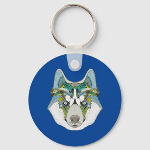 Wolf husky embellished green blue keychain