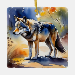 Wolf in a forest watercolor painting ceramic ornament