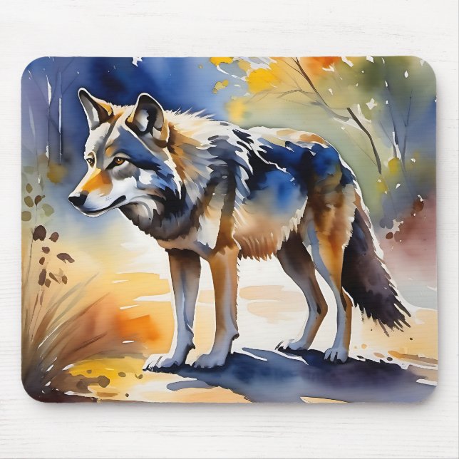 Wolf in a forest watercolor painting mouse pad (Front)