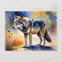 Wolf in a forest watercolor painting