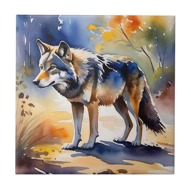 Wolf in a forest watercolor painting tile (Front)