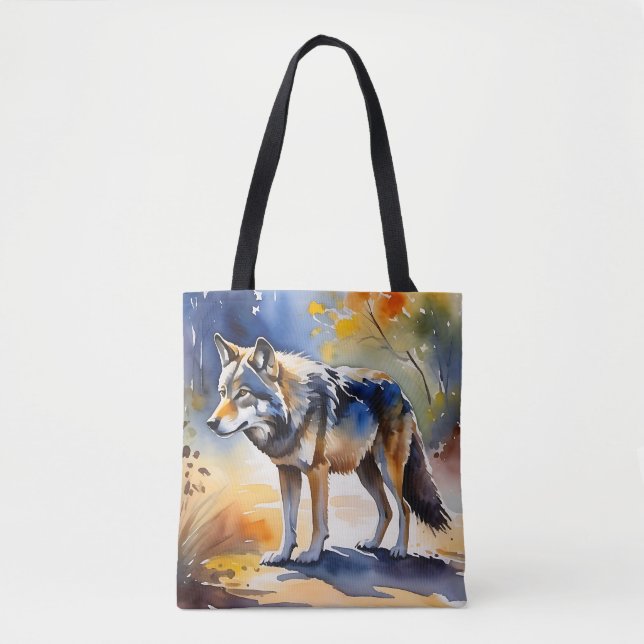 Wolf in a forest watercolor painting tote bag (Front)