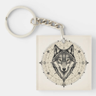 Wolf in a Geometric and Decorative Mandala Keychain